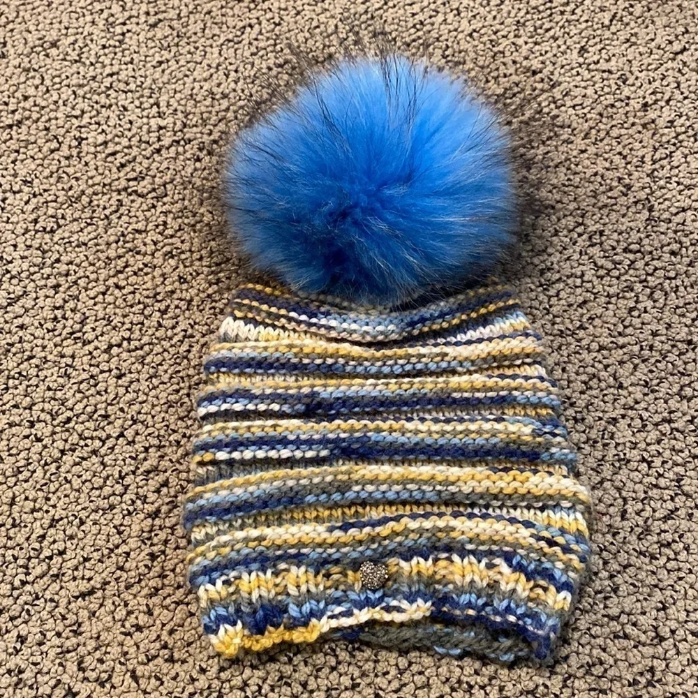 NWOT Knit Hat with Rhinestone Embellishment and Faux Fur Pom Pom